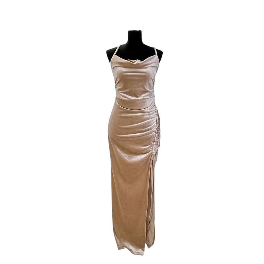 Nude Velvet Maxi Dress Cowl Neck Bodycon Gown